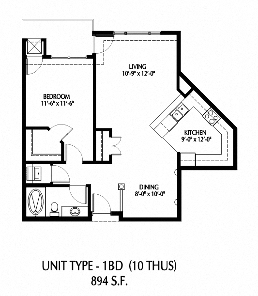 Floor plan for 1 bed, 1 bath, 867 sqft