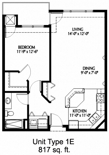 Floor plan for 1 bed, 1 bath, 817 sqft