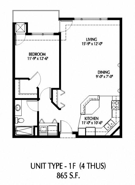 Floor plan for 1 bed, 1 bath, 912 sqft