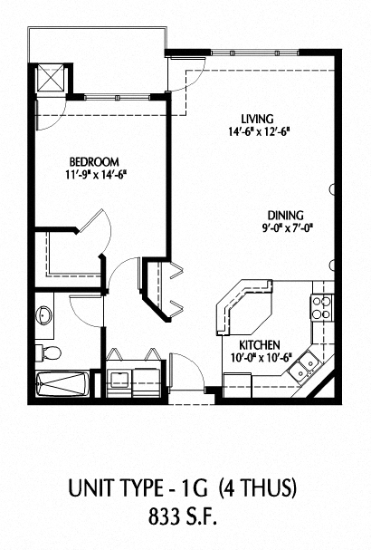 Floor plan for 1 bed, 1 bath, 833 sqft