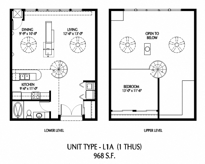 Floor plan for 1 bed, 1 bath, 921 sqft