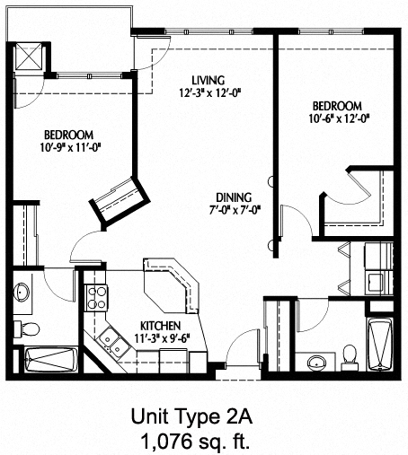 Floor plan for 2 beds, 2 baths, 1076 sqft