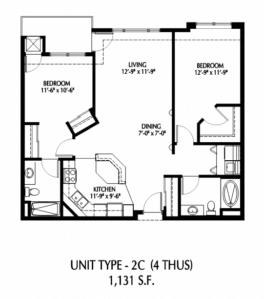 Floor plan for 2 beds, 2 baths, 1121 sqft