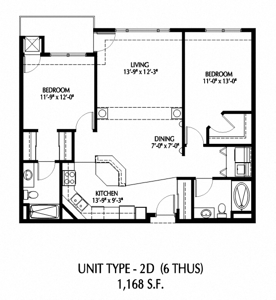 Floor plan for 2 beds, 2 baths, 1171 sqft