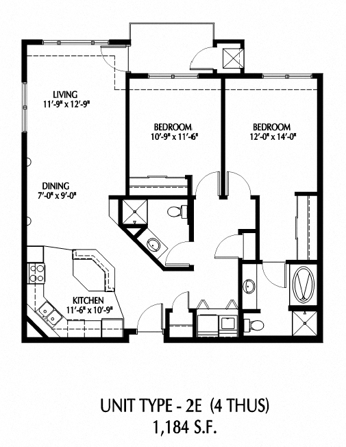 Floor plan for 2 beds, 2 baths, 1181 sqft