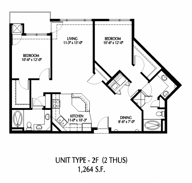 Floor plan for 2 beds, 2 baths, 1193 sqft