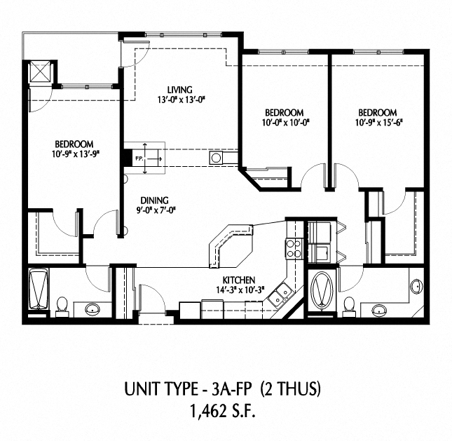 Floor plan for 3 beds, 2 baths, 1470 sqft
