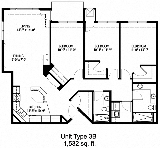 Floor plan for 3 beds, 2 baths, 1532 sqft