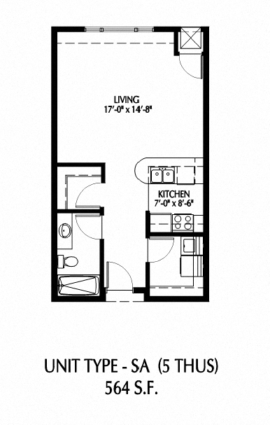 Floor plan for studio, 1 bath, 555 sqft