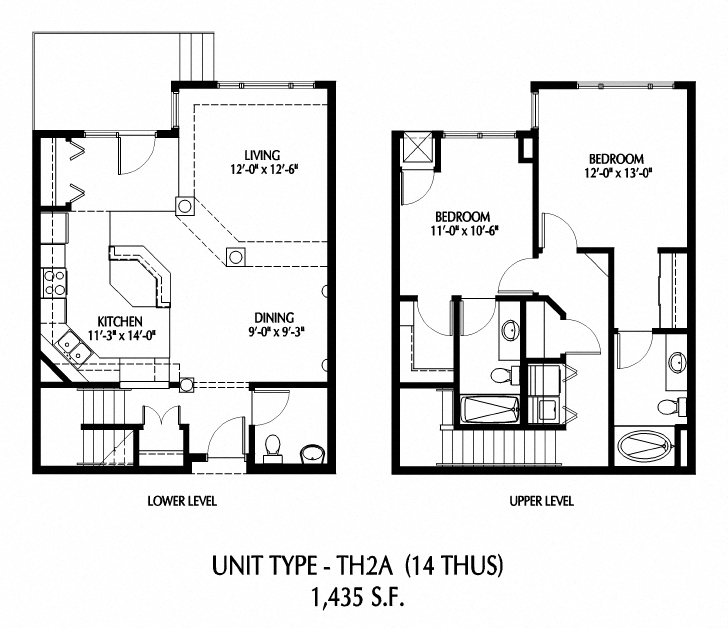 Floor plan for 2 beds, 2.5 baths, 1435 sqft
