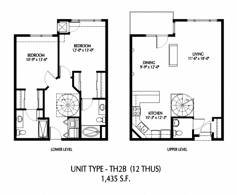 Floor plan for 2 beds, 2.5 baths, 1430 sqft