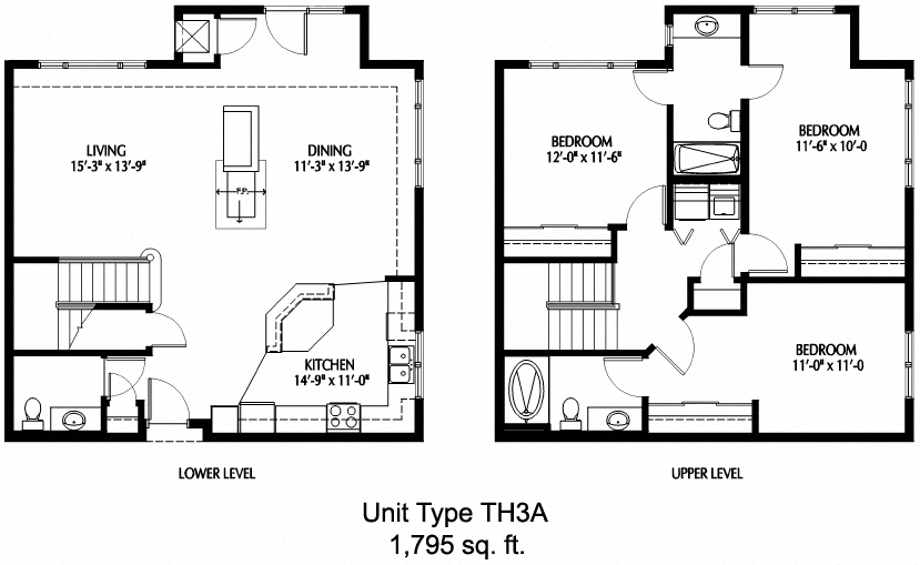 Floor plan for 3 beds, 2.5 baths, 1794 sqft
