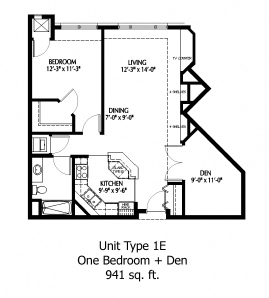 Floor plan for 1 bed, 1 bath, 941 sqft