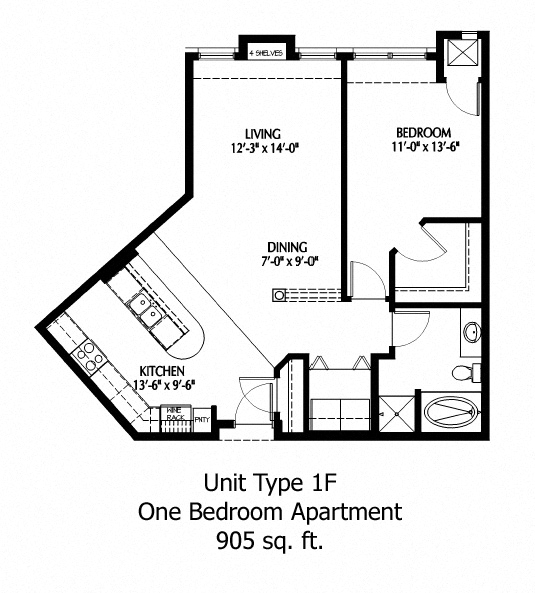 Floor plan for 1 bed, 1 bath, 905 sqft