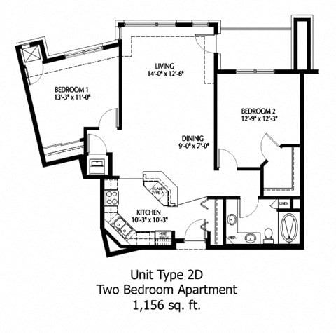 Floor plan for 2 beds, 1 bath, 1156 sqft