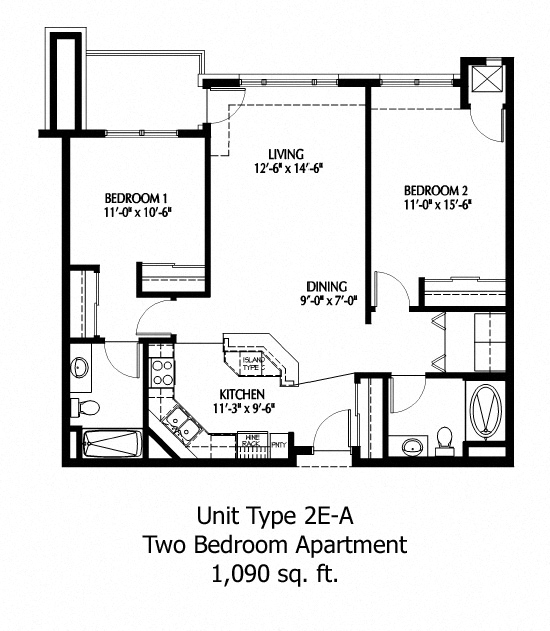 Floor plan for 2 beds, 2 baths, 1090 sqft