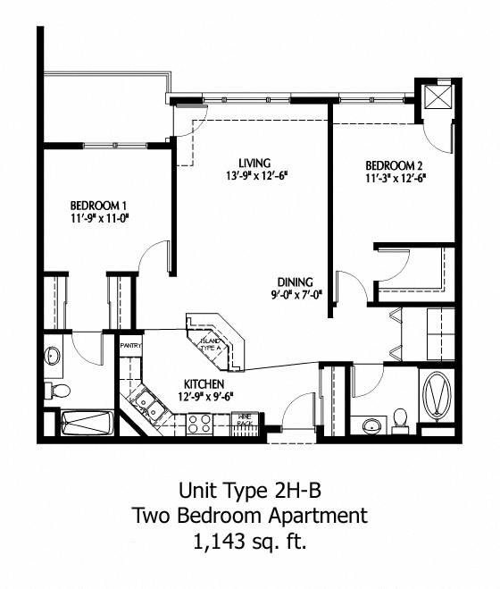 Floor plan for 2 beds, 2 baths, 1143 sqft