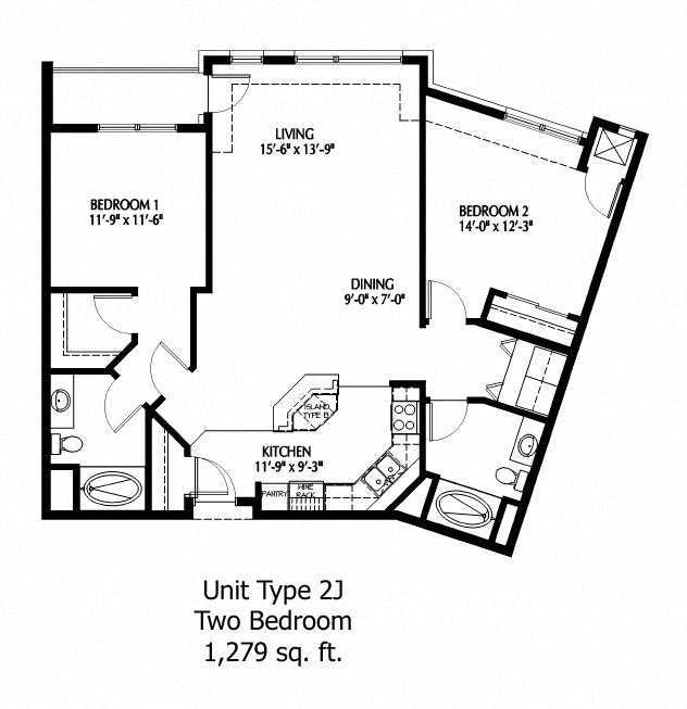 Floor plan for 2 beds, 2 baths, 1279 sqft