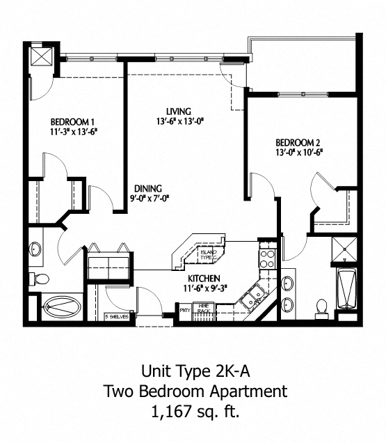 Floor plan for 2 beds, 2 baths, 1167 sqft