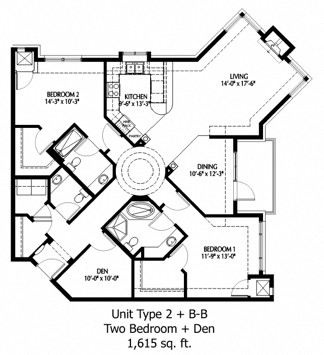 Floor plan for 2 beds, 2.5 baths, 1615 sqft