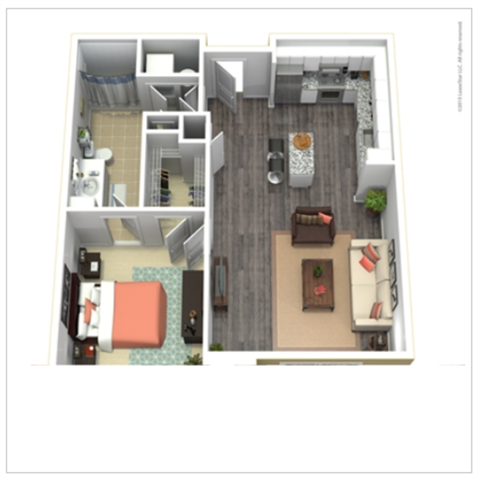 Floor plan for 1 bed, 1 bath, 838 sqft