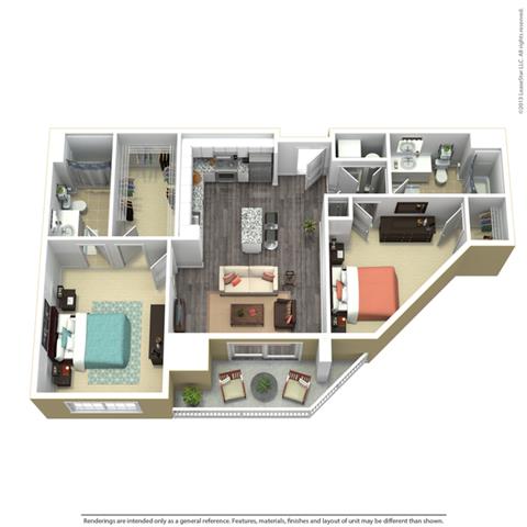 Floor plan for 2 beds, 2 baths, 1045 sqft