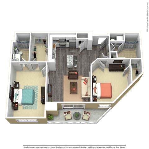 Floor plan for 2 beds, 2 baths, 1049 sqft