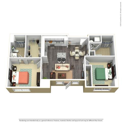 Floor plan for 2 beds, 2 baths, 1052 sqft