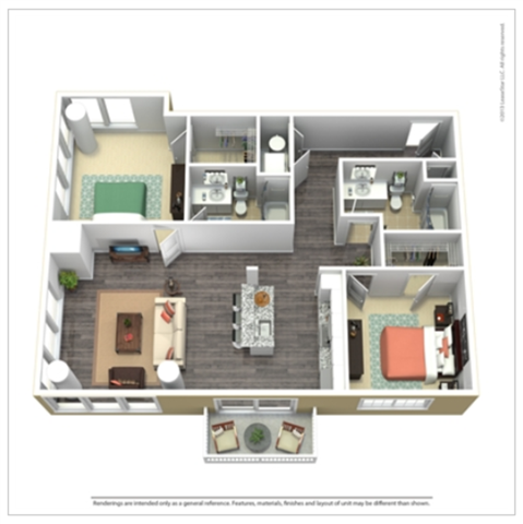 Floor plan for 2 beds, 2 baths, 1271 sqft