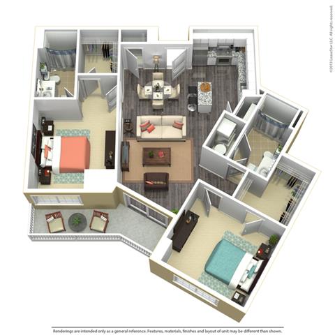 Floor plan for 2 beds, 2 baths, 1173 sqft