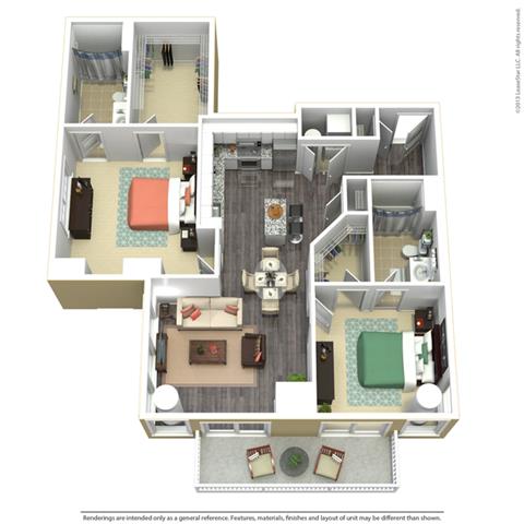 Floor plan for 2 beds, 2 baths, 1192 sqft