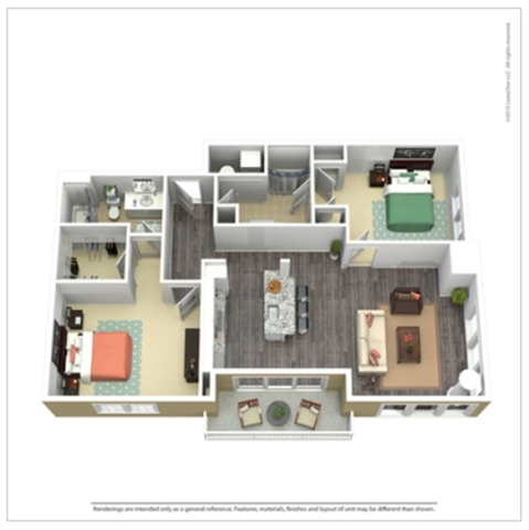 Floor plan for 2 beds, 2 baths, 1365 sqft