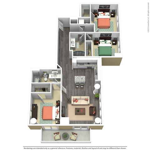 Floor plan for 3 beds, 2 baths, 1385 sqft