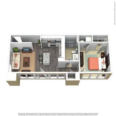 Floor plan for 1 bed, 1 bath, 789 sqft