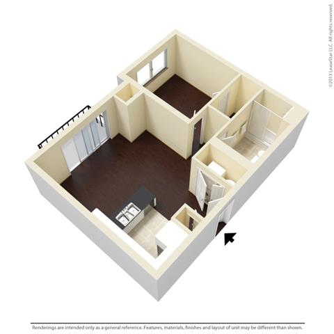 Floor plan for 1 bed, 1 bath, 733 sqft