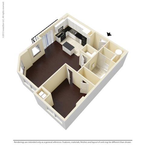 Floor plan for 1 bed, 1 bath, 817 sqft