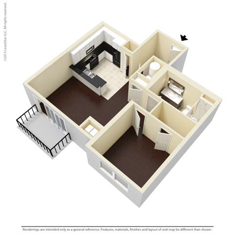 Floor plan for 1 bed, 1 bath, 763 sqft
