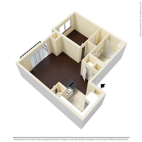 Floor plan for 1 bed, 1 bath, 764 sqft