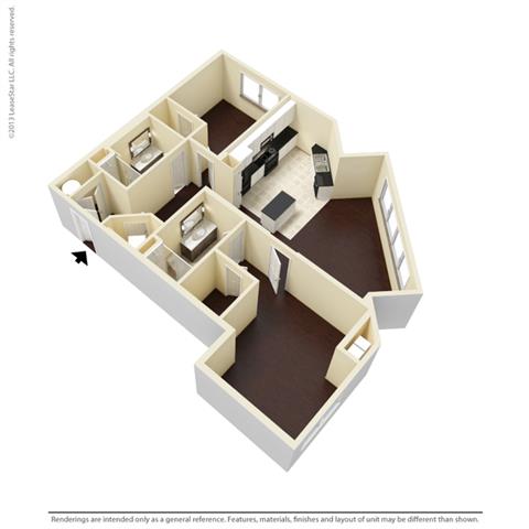 Floor plan for 2 beds, 2 baths, 1245 sqft