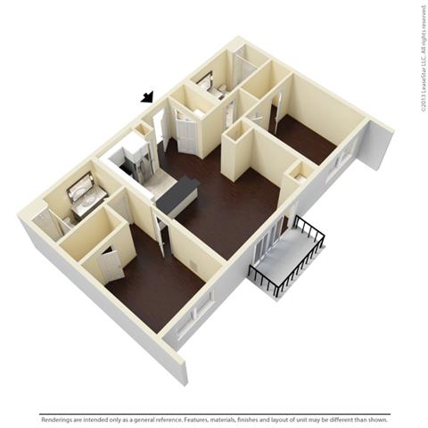 Floor plan for 2 beds, 2 baths, 1039 sqft