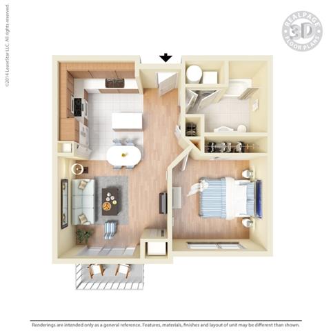 Floor plan for 1 bed, 1 bath, 724 sqft