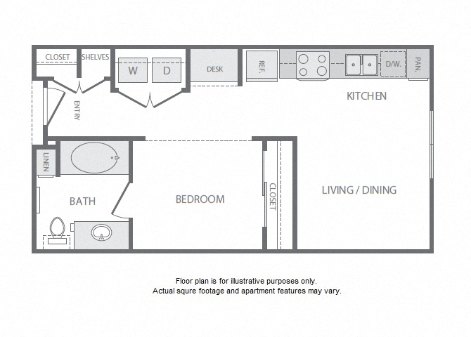 Floor plan for 1 bed, 1 bath, 491 sqft