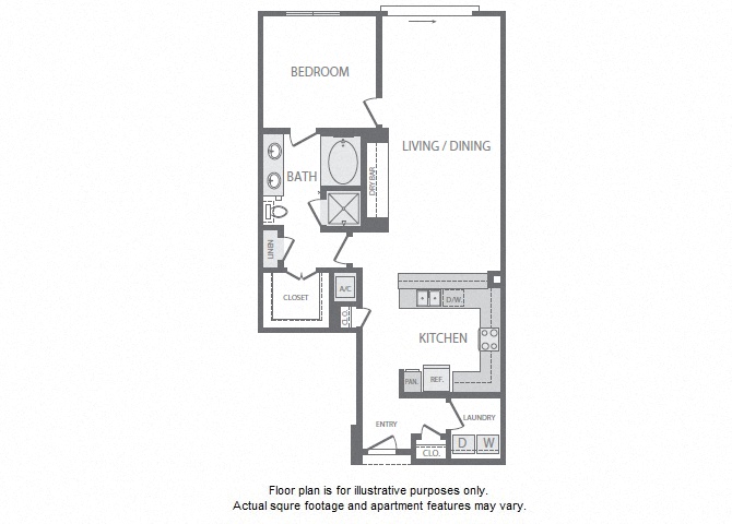 Floor plan for 1 bed, 1 bath, 961 sqft