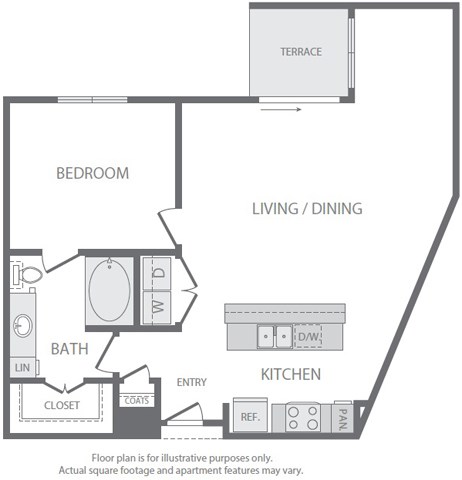 Floor plan for 1 bed, 1 bath, 881 sqft