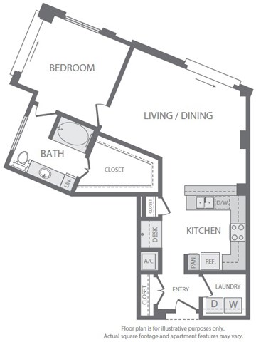 Floor plan for 1 bed, 1 bath, 931 sqft
