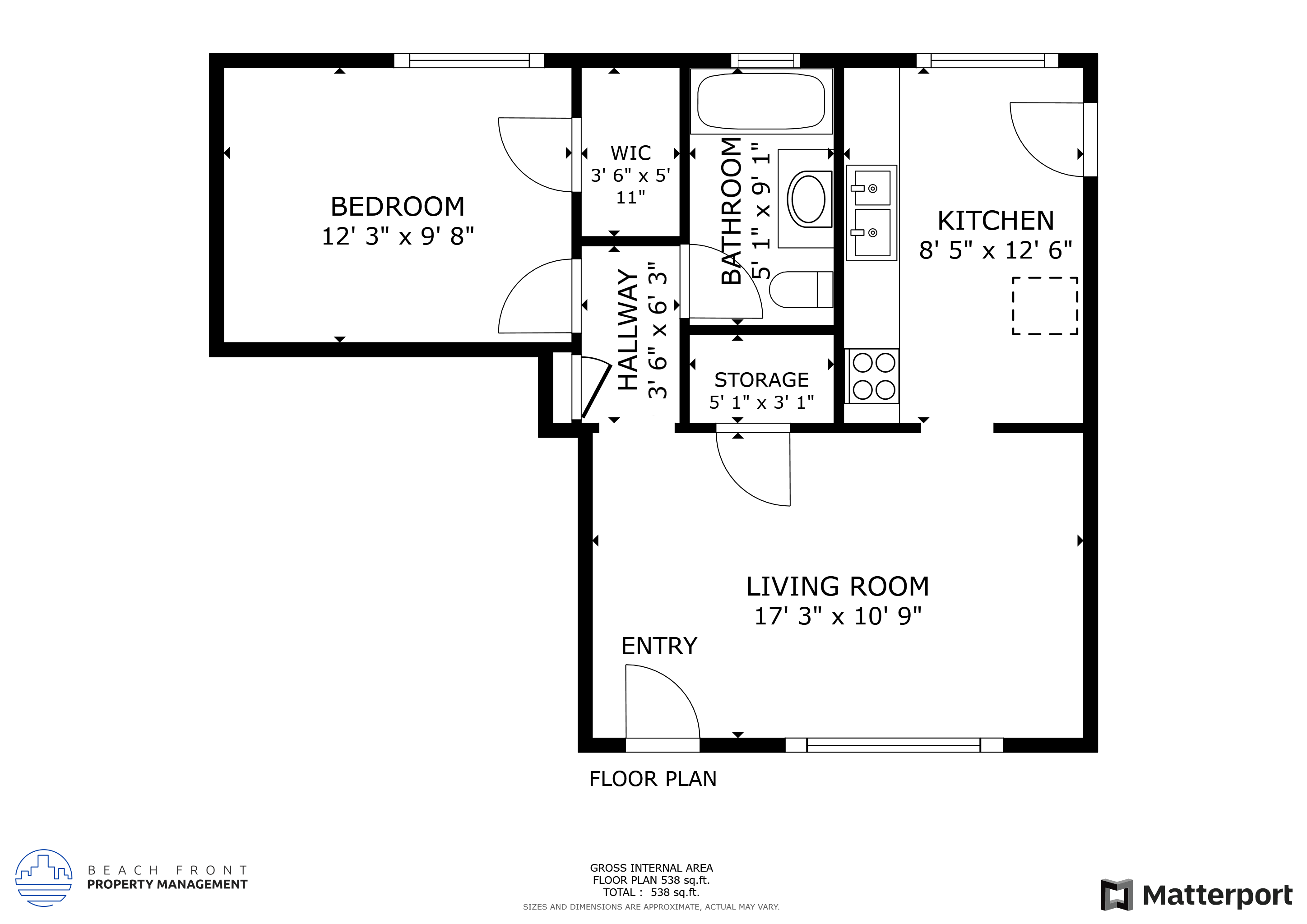 Floor plan for 1 bed, 1 bath