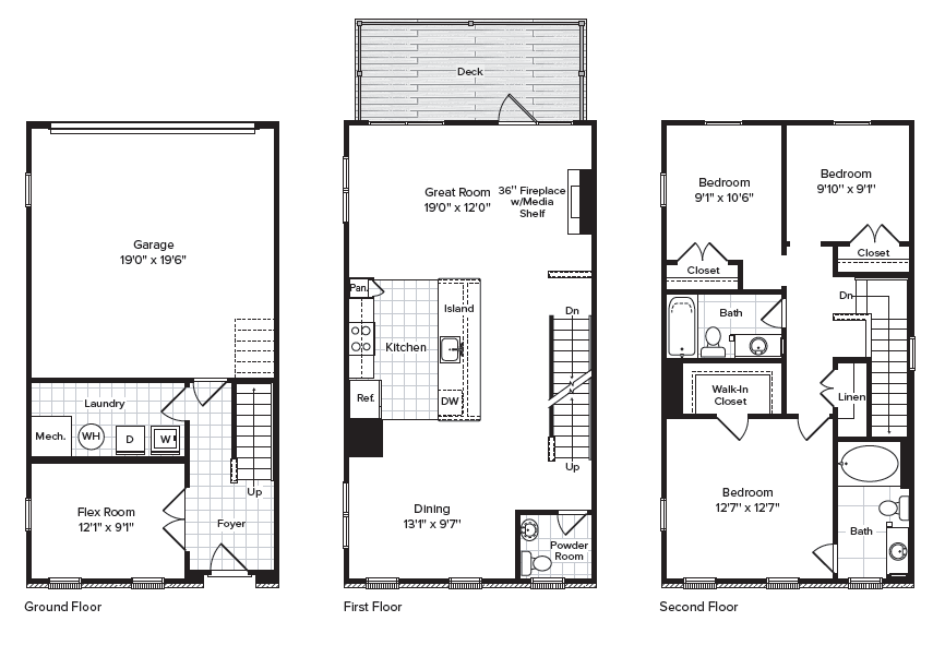 Floor plan for 3 beds, 2.5 baths, 1598 sqft
