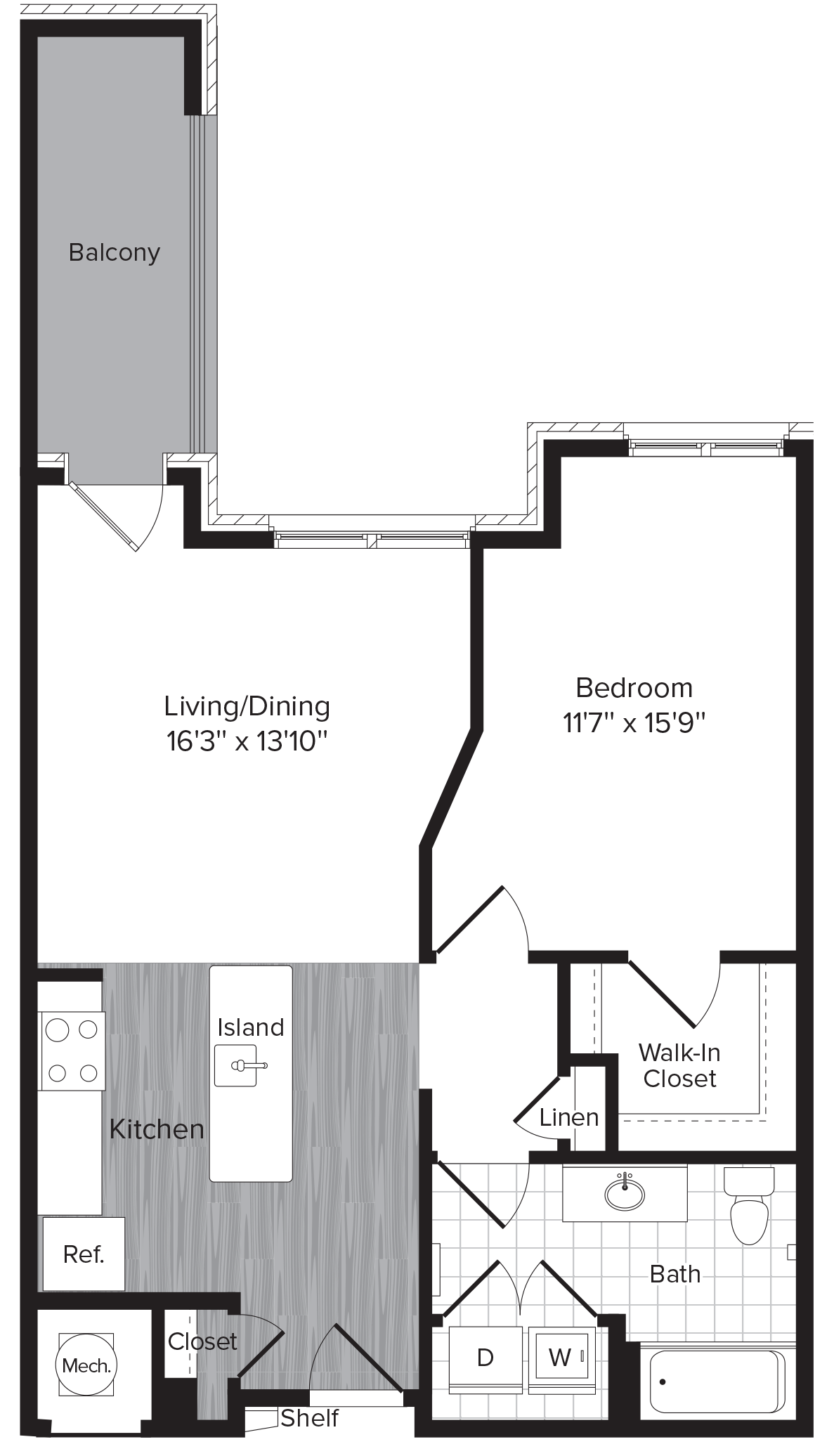 Floor plan for 1 bed, 1 bath, 707 sqft