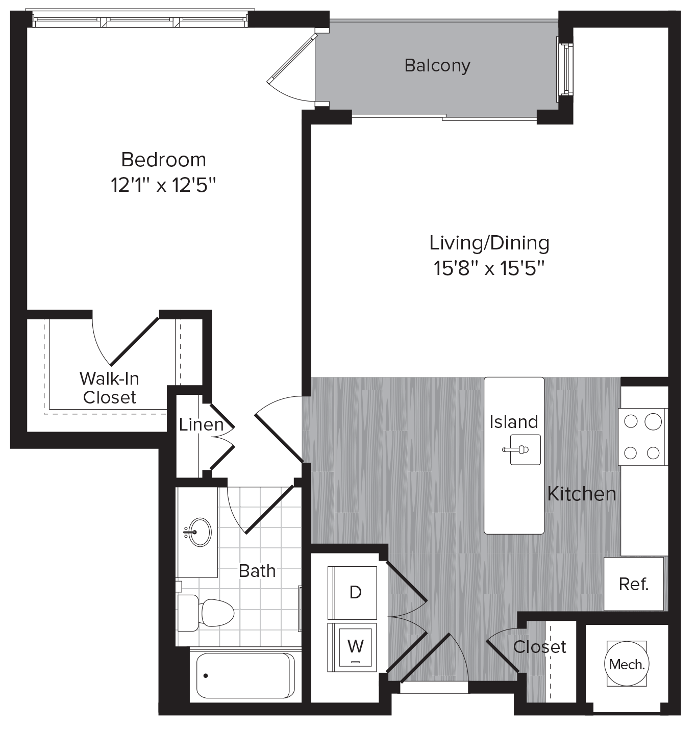 Floor plan for 1 bed, 1 bath, 717 sqft