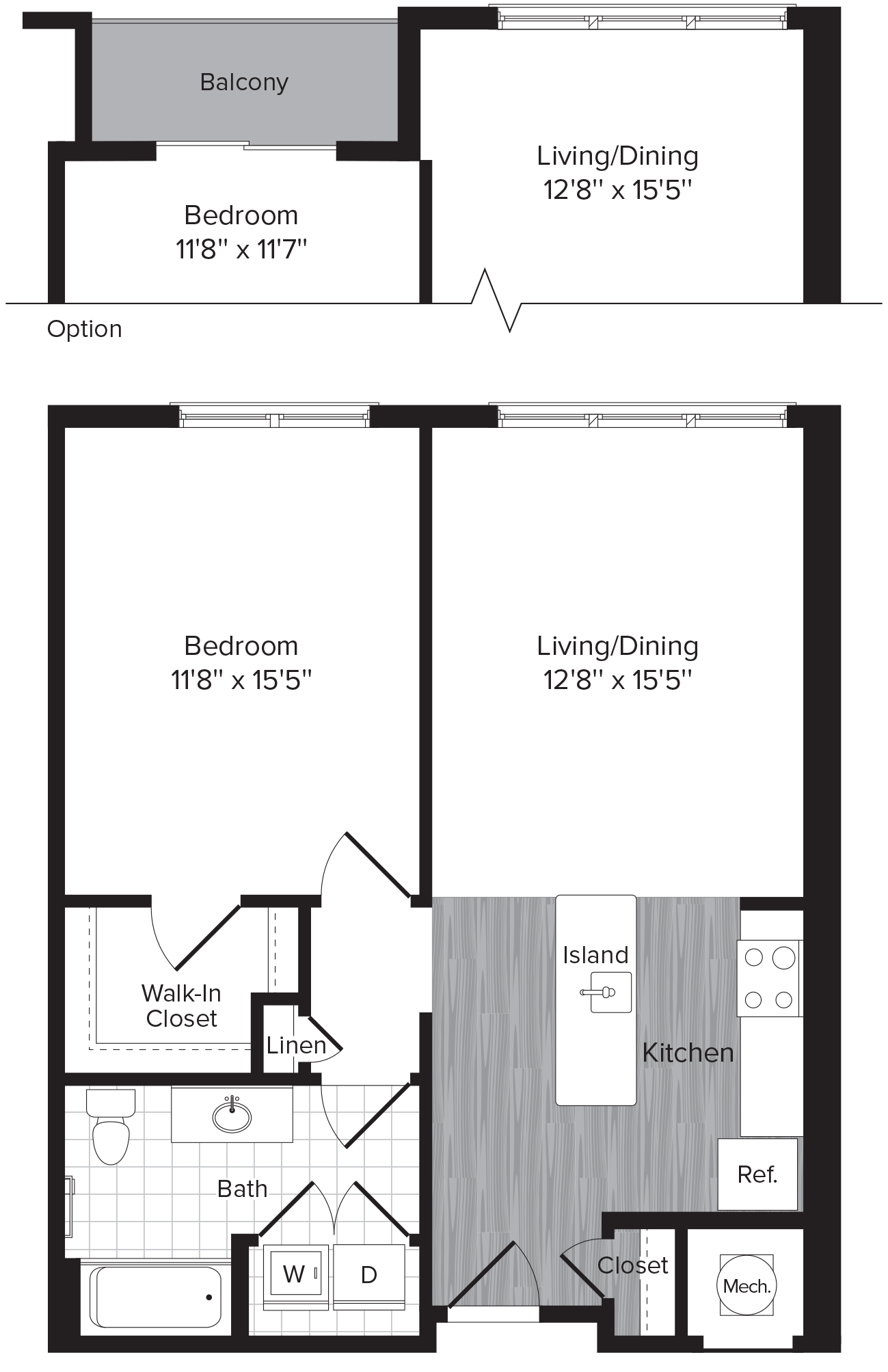 Floor plan for 1 bed, 1 bath, 719 sqft